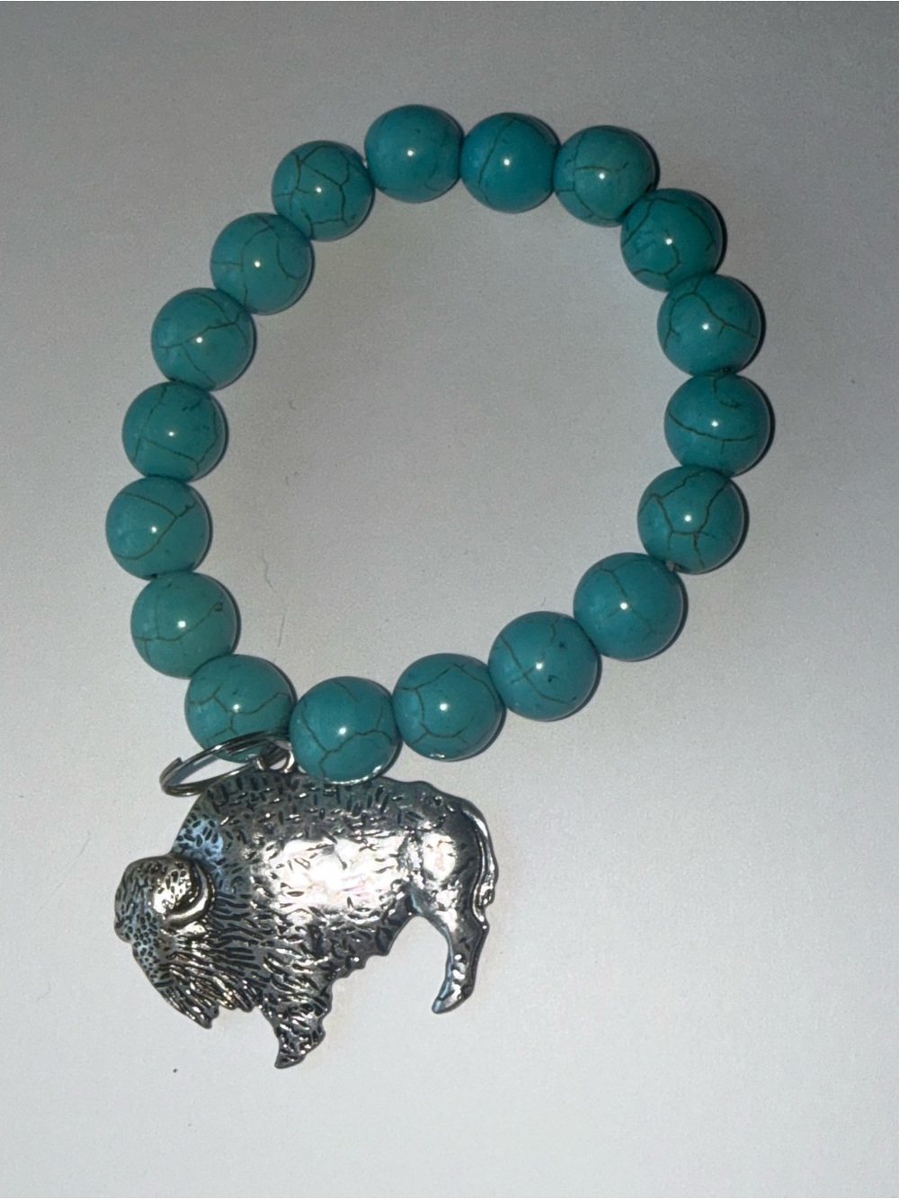 Turquoise Stone Beaded Bracelet with Silver Buffalo Charm - Women Jewelry